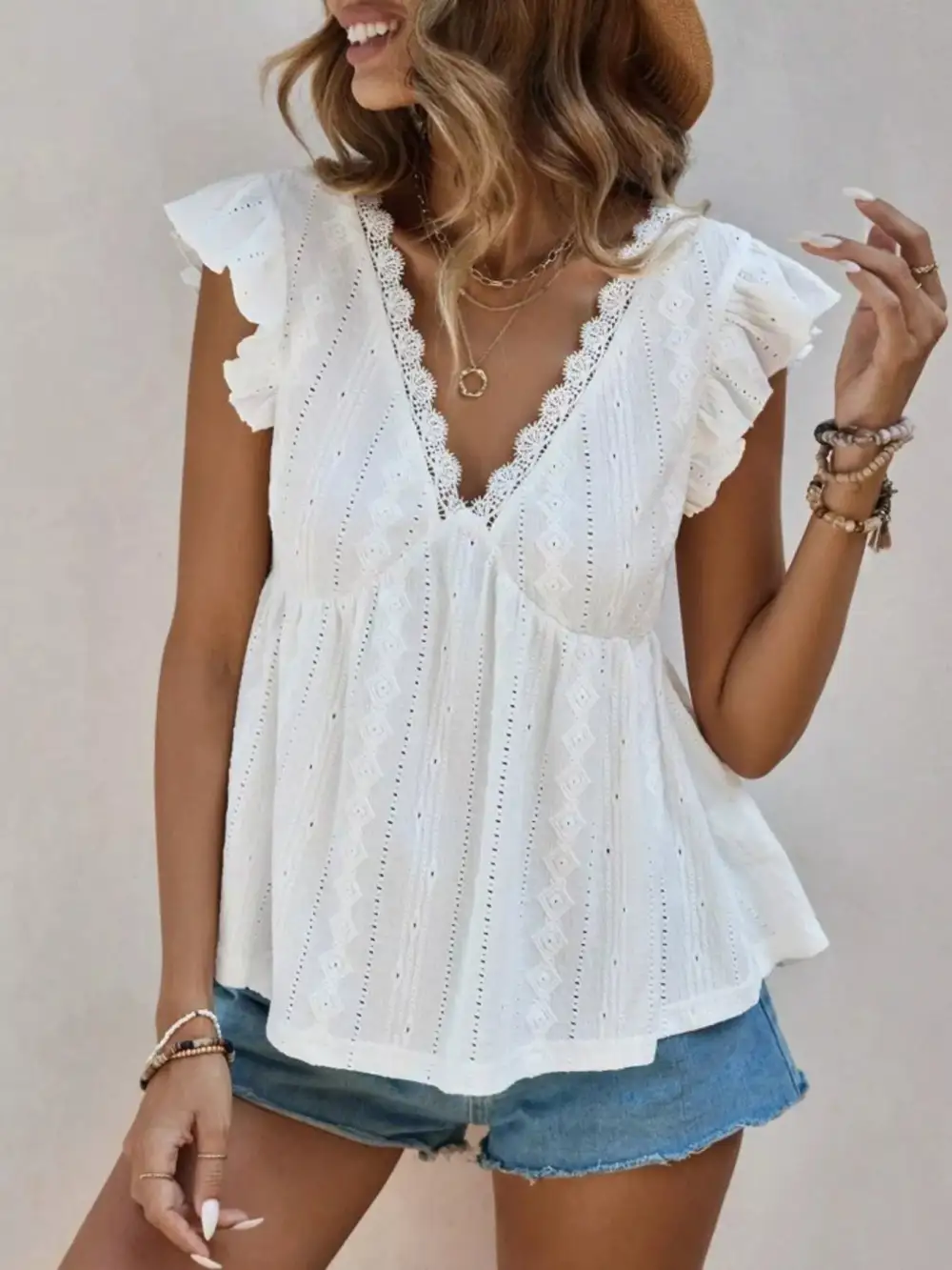 Ruffle Sleeve V Neck Blouse