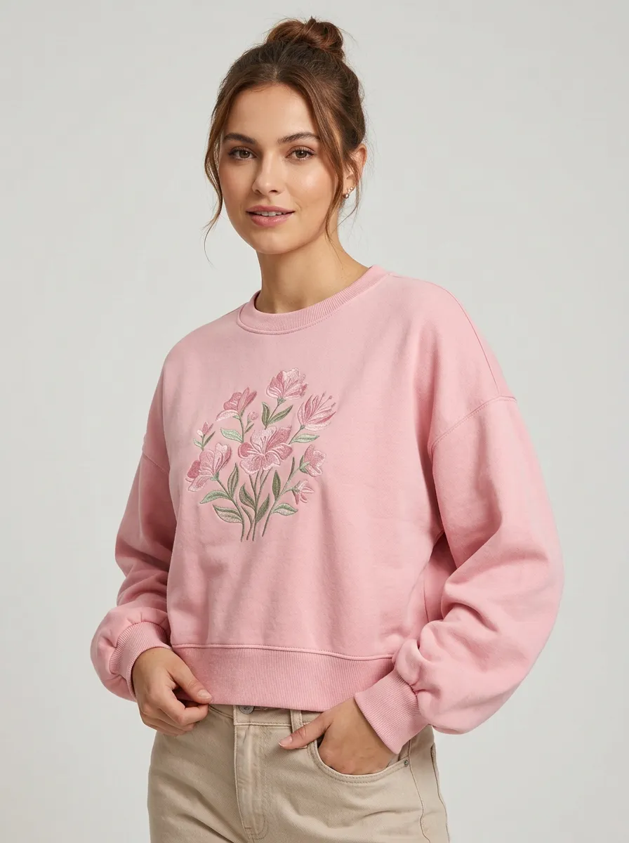 Women's Floral Lover Pink Embroidered Printed Sweatshirt
