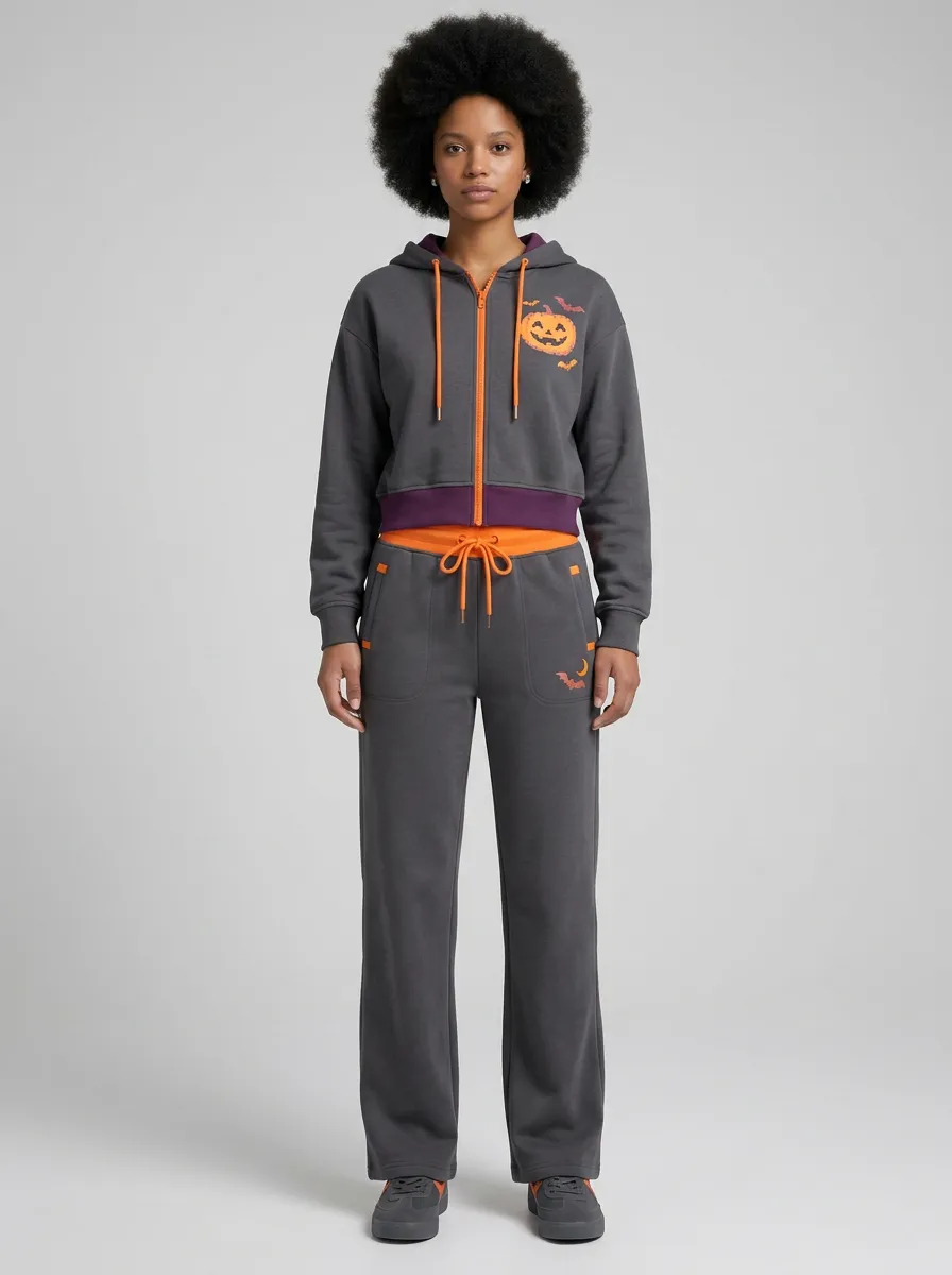 Women's Halloween Pumpkin Bat Printed Zip-up Hoodie Jogger Set