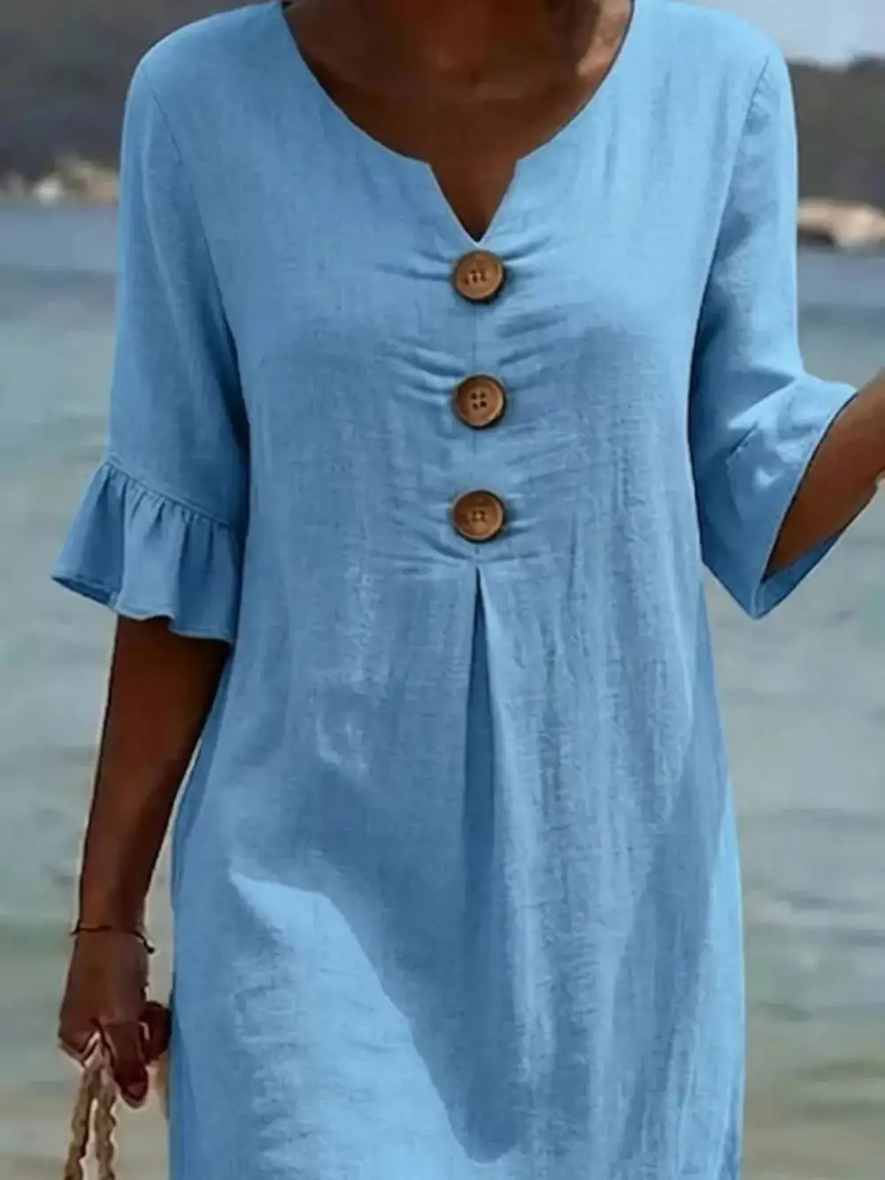 Button Decor Ruffle Sleeve Midi Dress