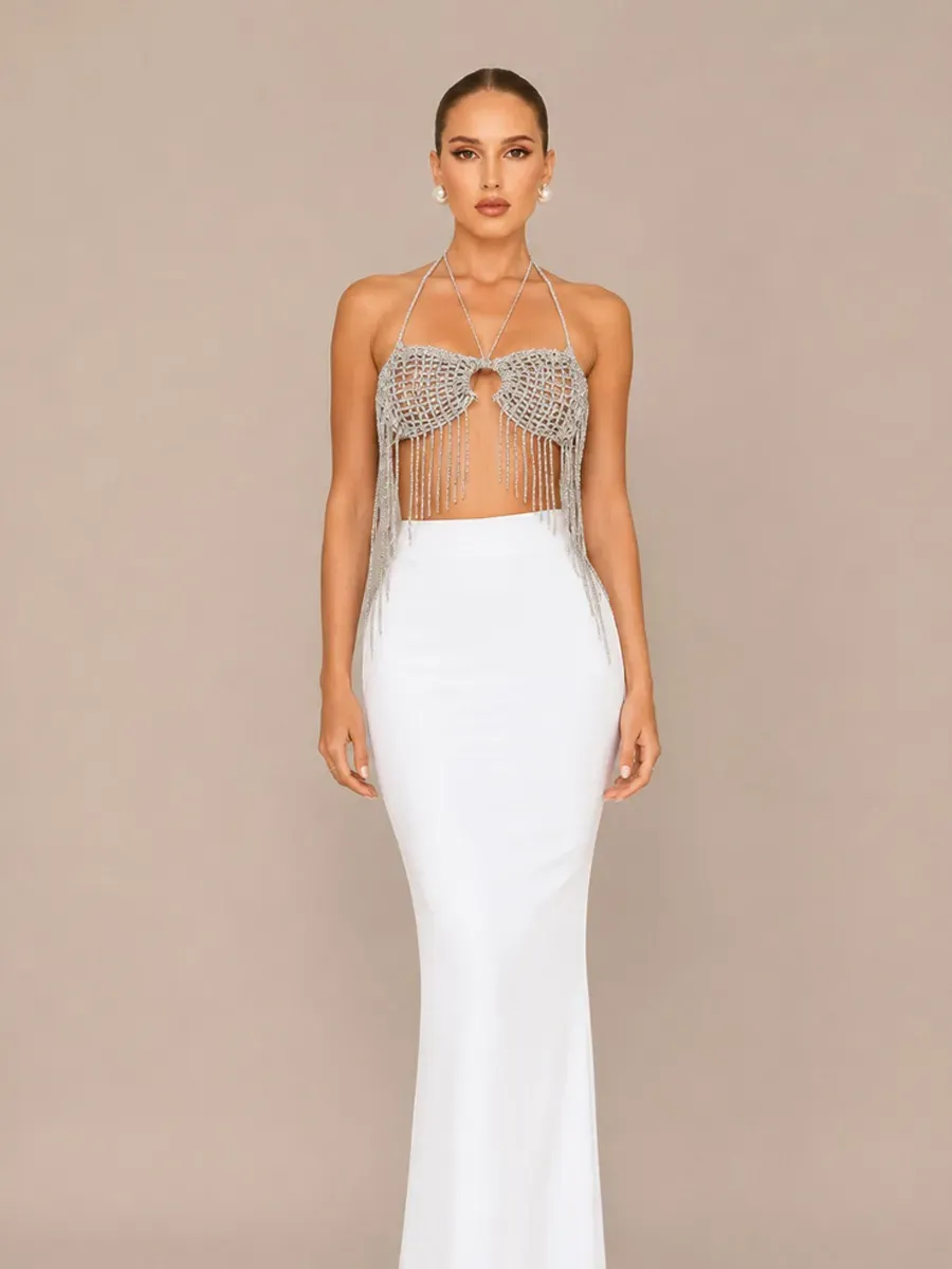 Olena Woven Halter Neck Two-Piece Set with Tassels