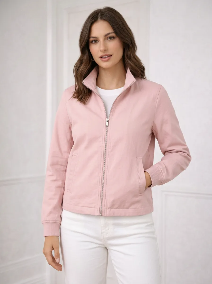 Women's Casual Pink Solid Color Zip-up Jacket