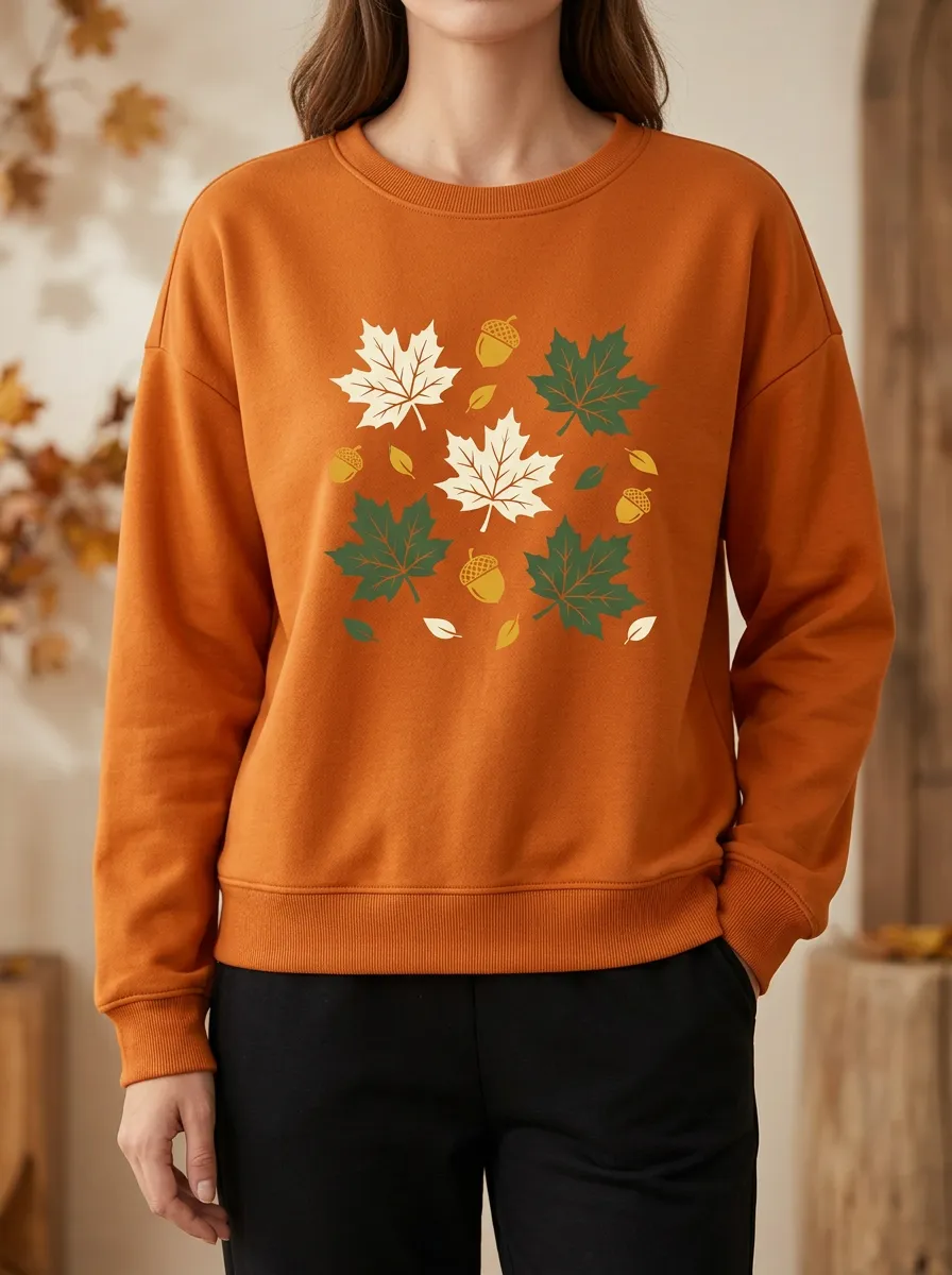 Classic Texture Maple-Leaf Printed Acorn Graphic Sweatshirt