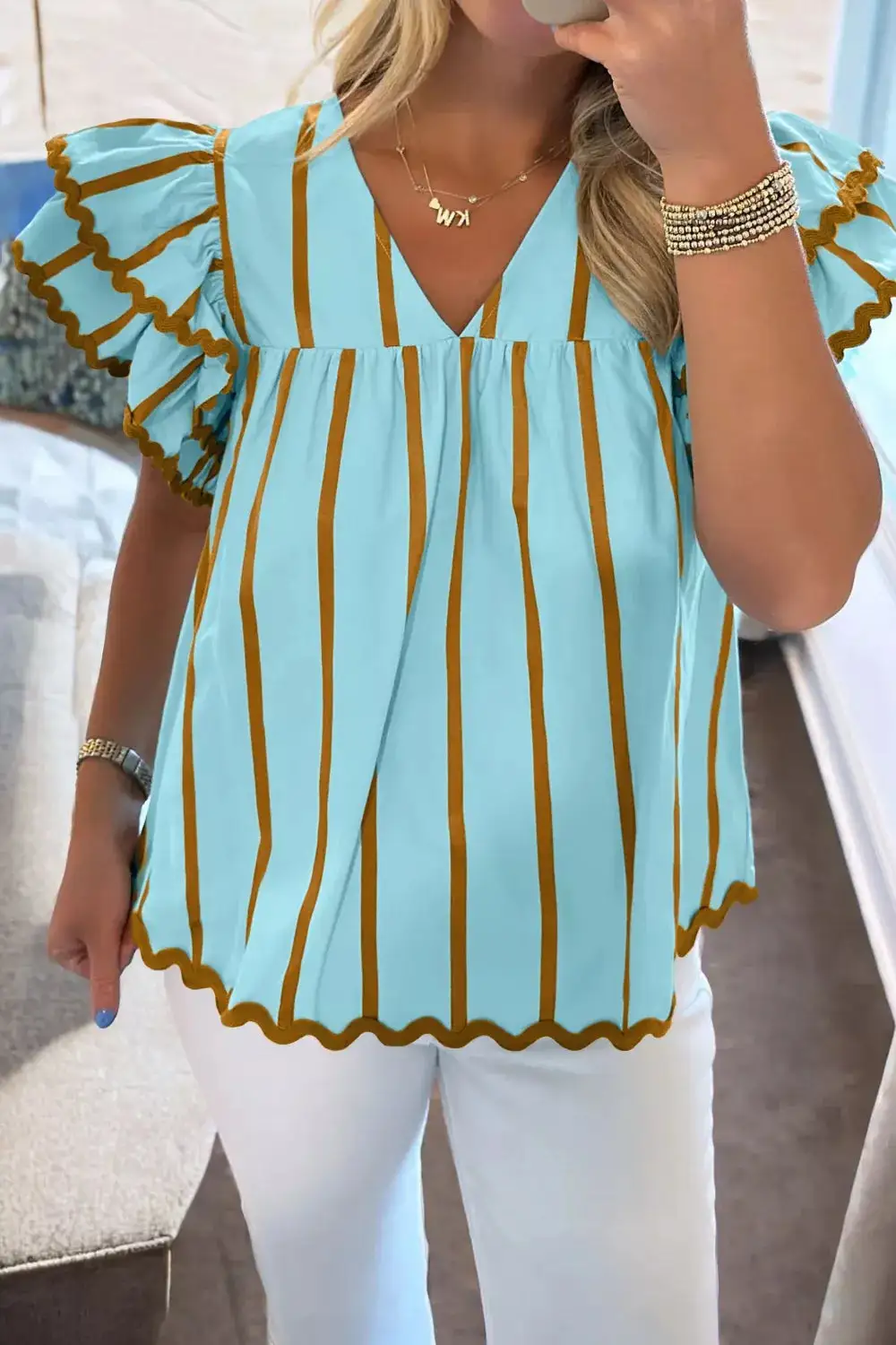 V-Neck Ruffled Striped Blouse