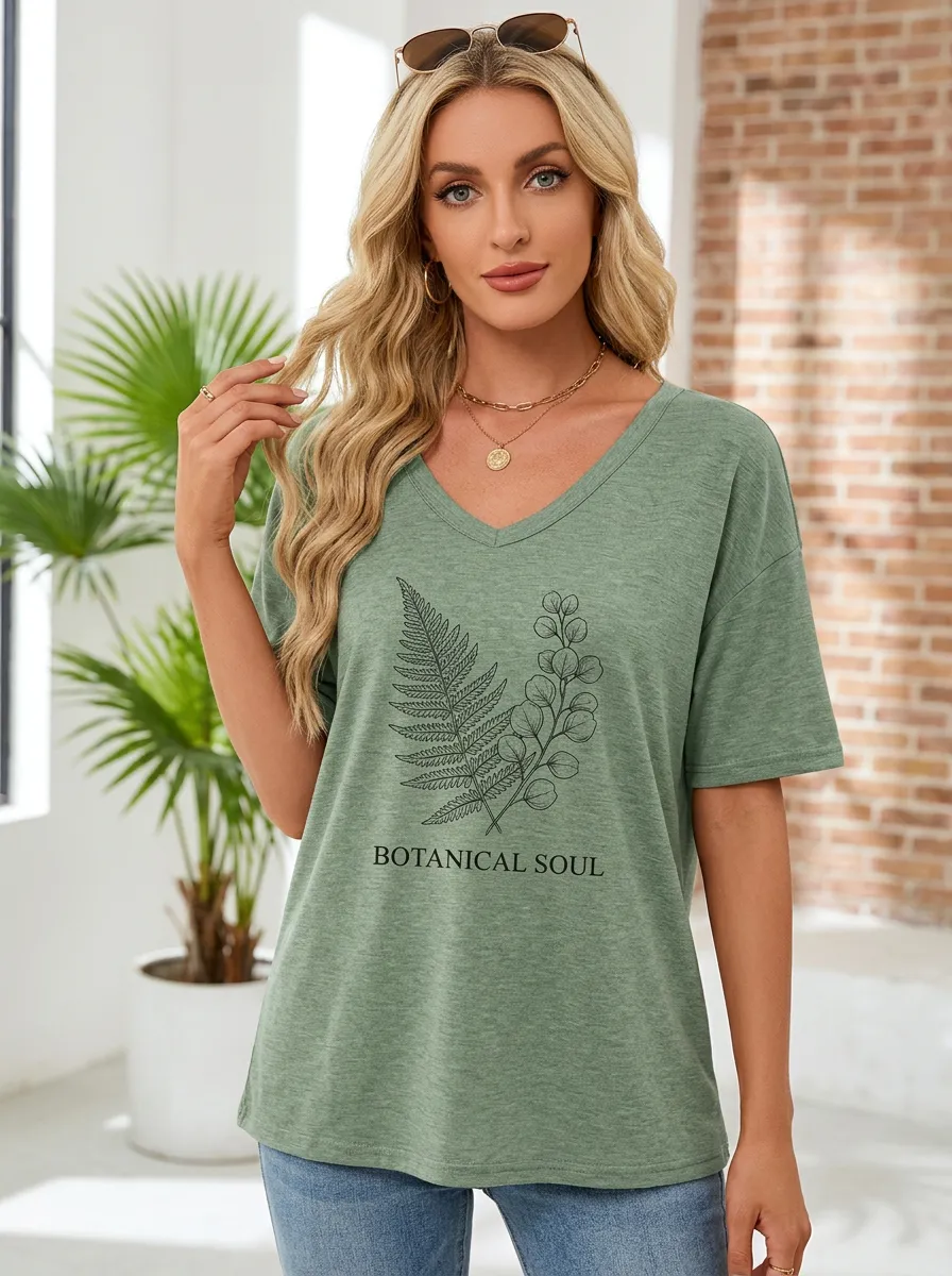 Fern Botanical Nature Leaf V-Neck T-Shirt