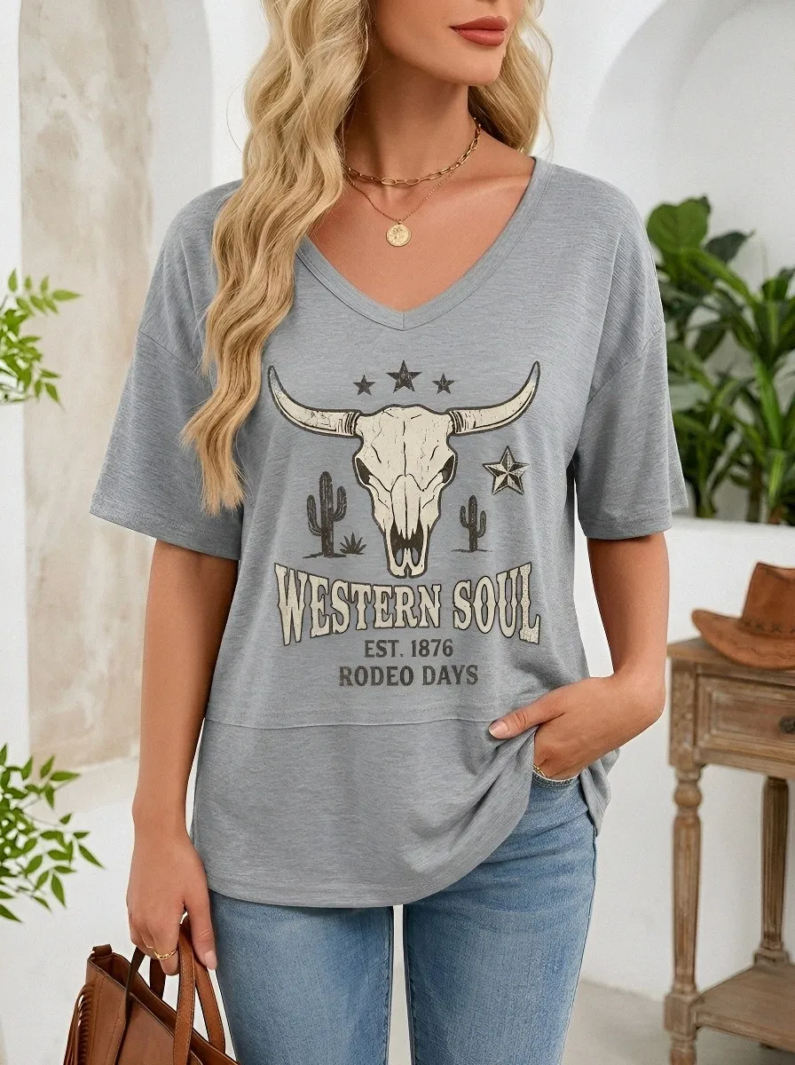 Women's Western Soul Cow Skull Cactus Printed V-Neck T-Shirt