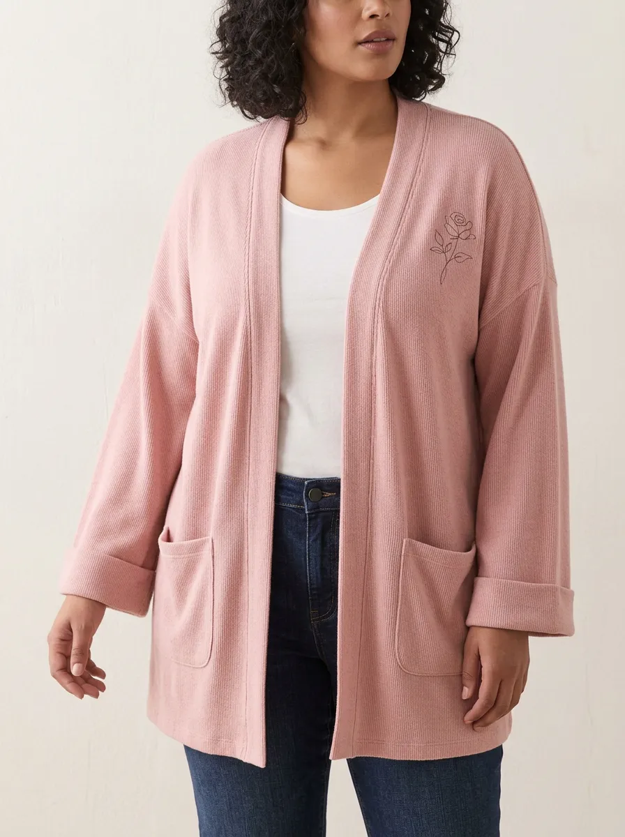 Women's Minimalist Rose Floral Printed Ribbed Casual Cardigan