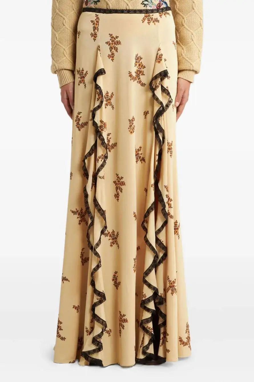 Printed Ruffled Lace Maxi Skirt
