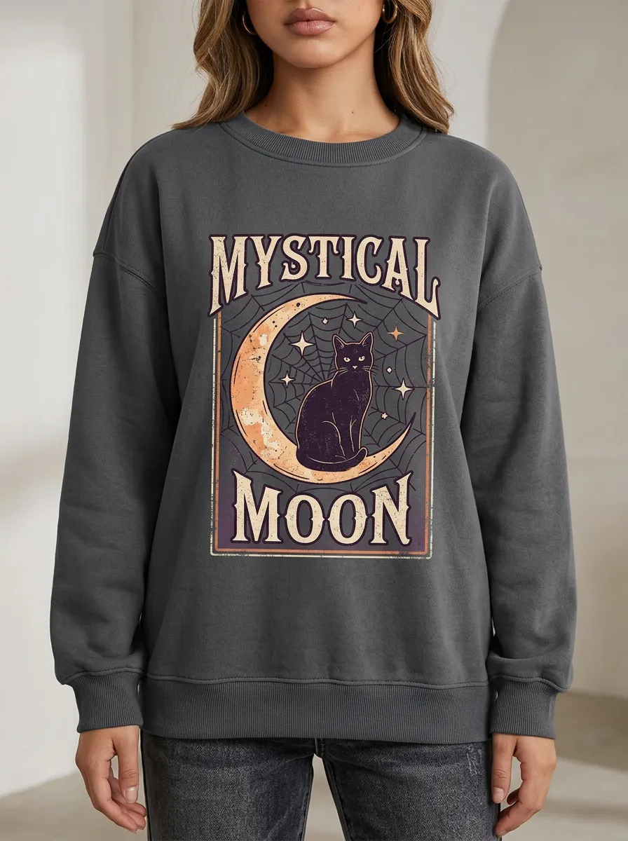 Women's Halloween Mystical Black Cat Moon Printed Sweatshirt