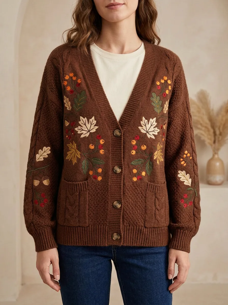 Leaf Berry Embroidered Women's Knit Cardigan