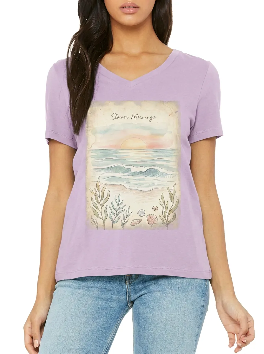 Women's Slower Mornings Beach Sunrise Seashells Printed V-neck T-shirt