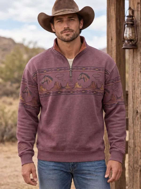 Men's Western Cowboy Horse Desert Half-Zip Sweatshirt