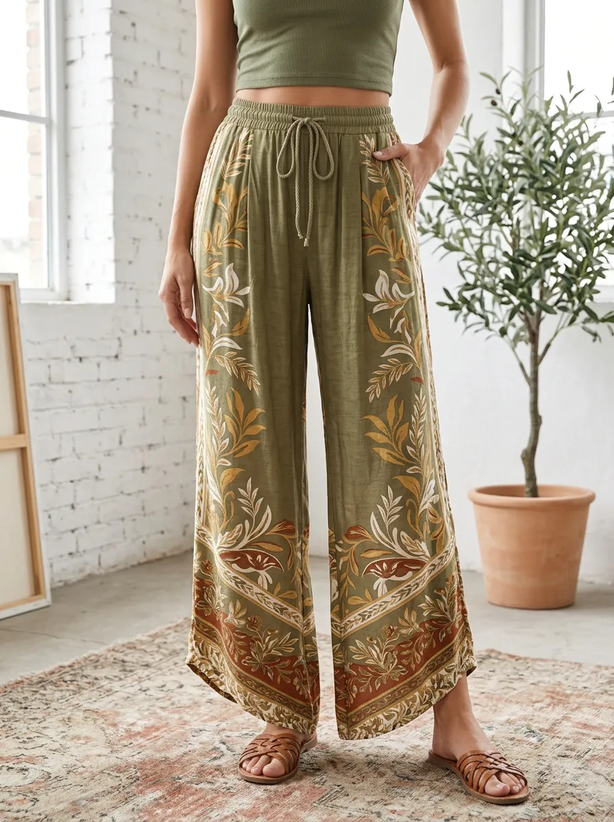 Women's Relaxed Boho Floral Botanical Printed Wide Leg Pants