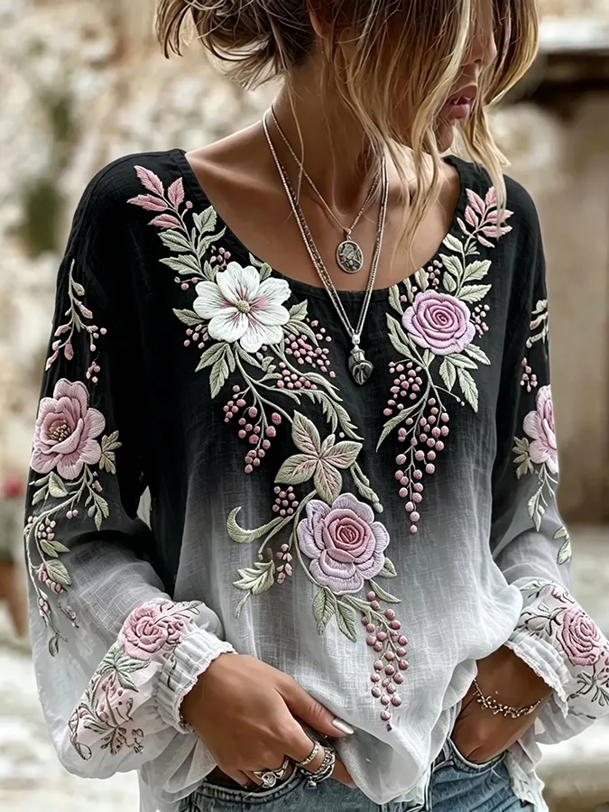 Women's floral fresh round neck top