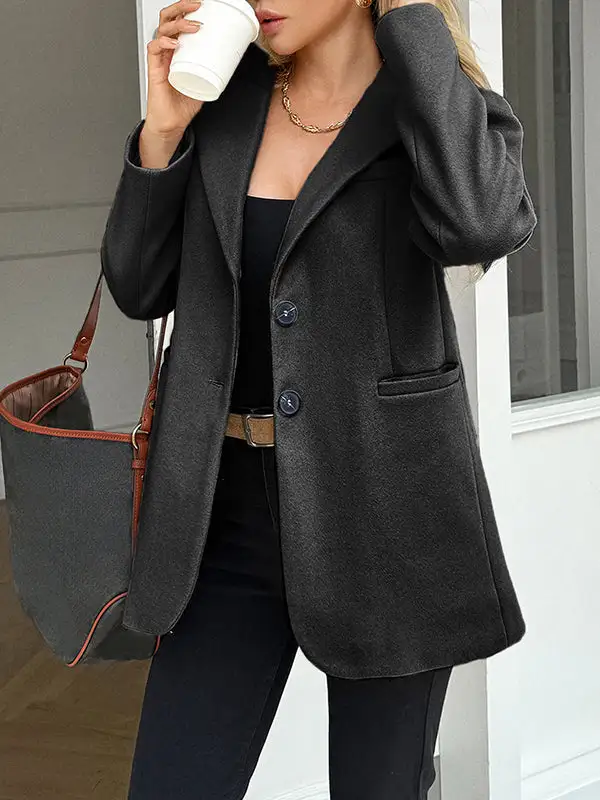 Long Sleeve Button Front Pocket Solid Color Notched Jacket
