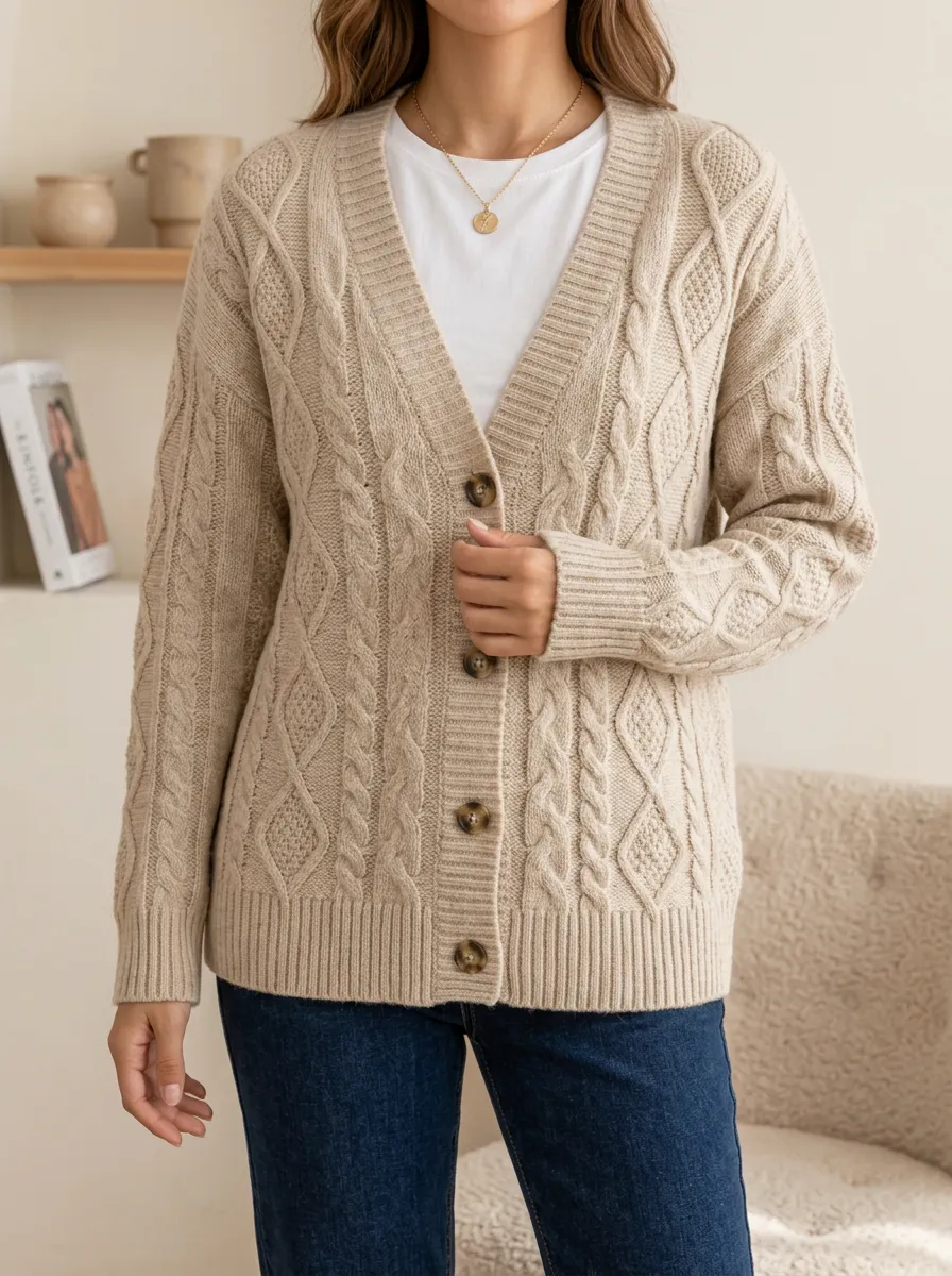 Women's Cable Knit Button Front V Neck Core Cardigan