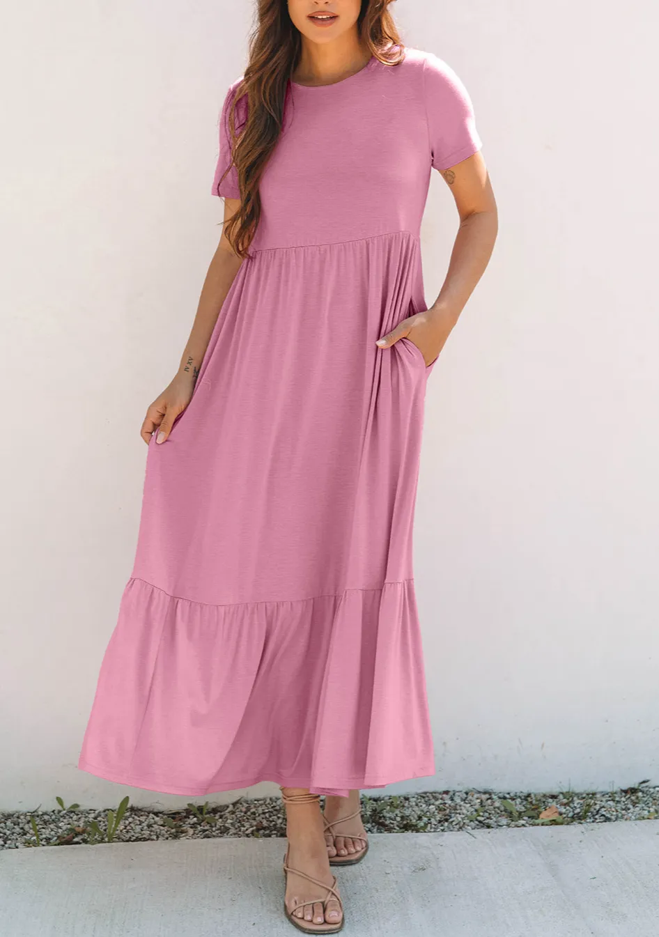 Maxi Solid Color T-shirt High Waist Pocketed Long Dress