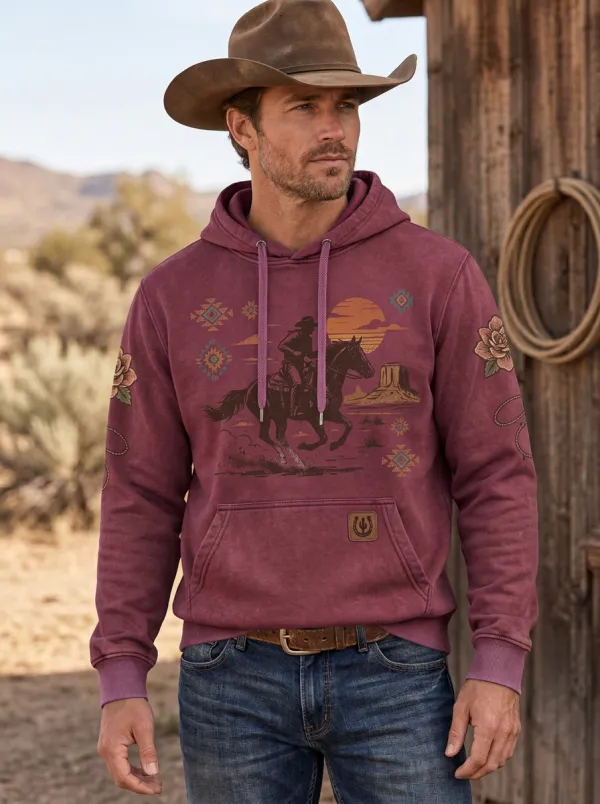 Range Rider Horse Sunset Sun Frontier Look Men's Western Sweatshirt