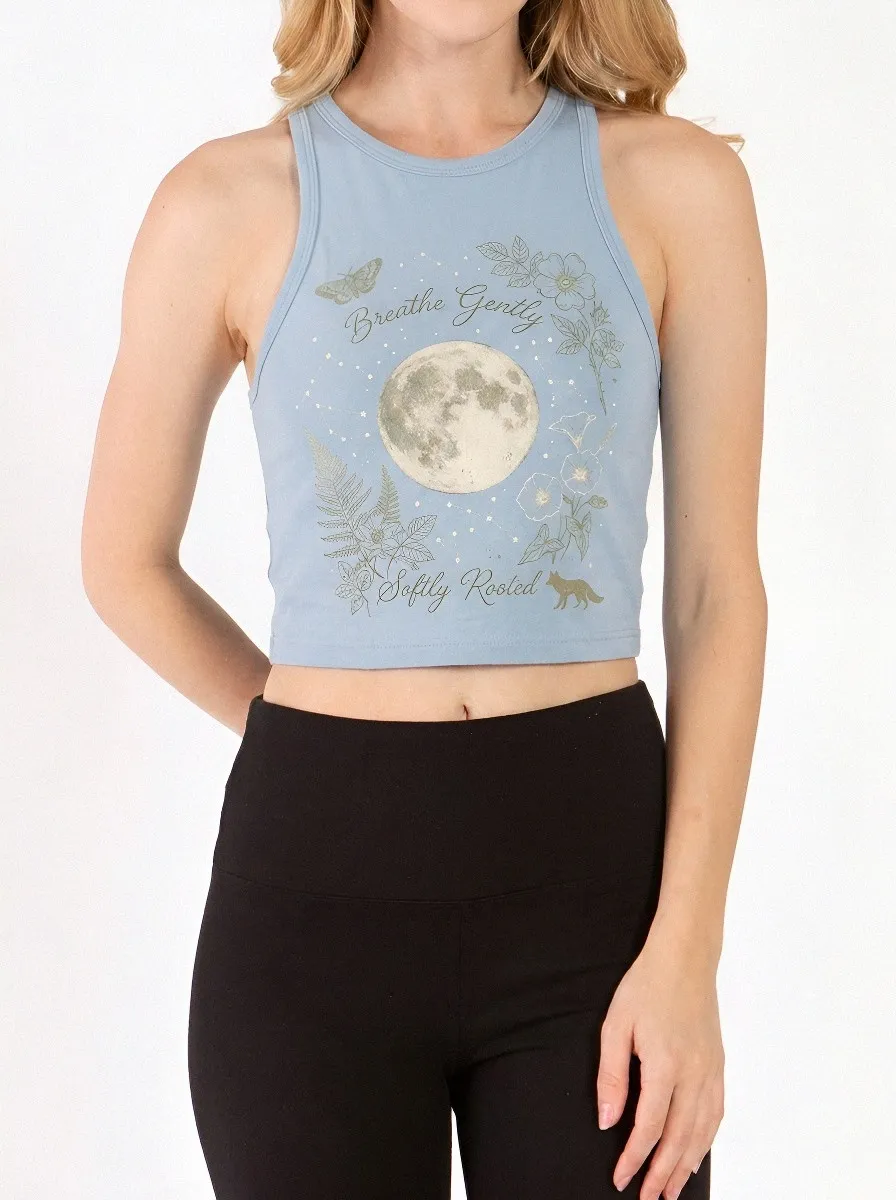 Women's Celestial Moon Floral Fox Printed Crop Tank Top