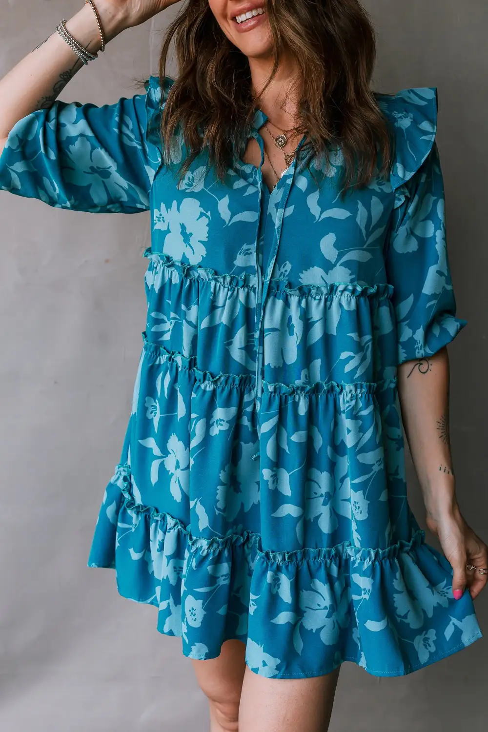 Ruffle Trim Tiered Tie Detail Mini Dress