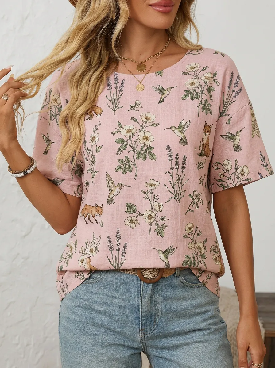 Hummingbird Fox Floral Women's Loose Printed T-Shirt