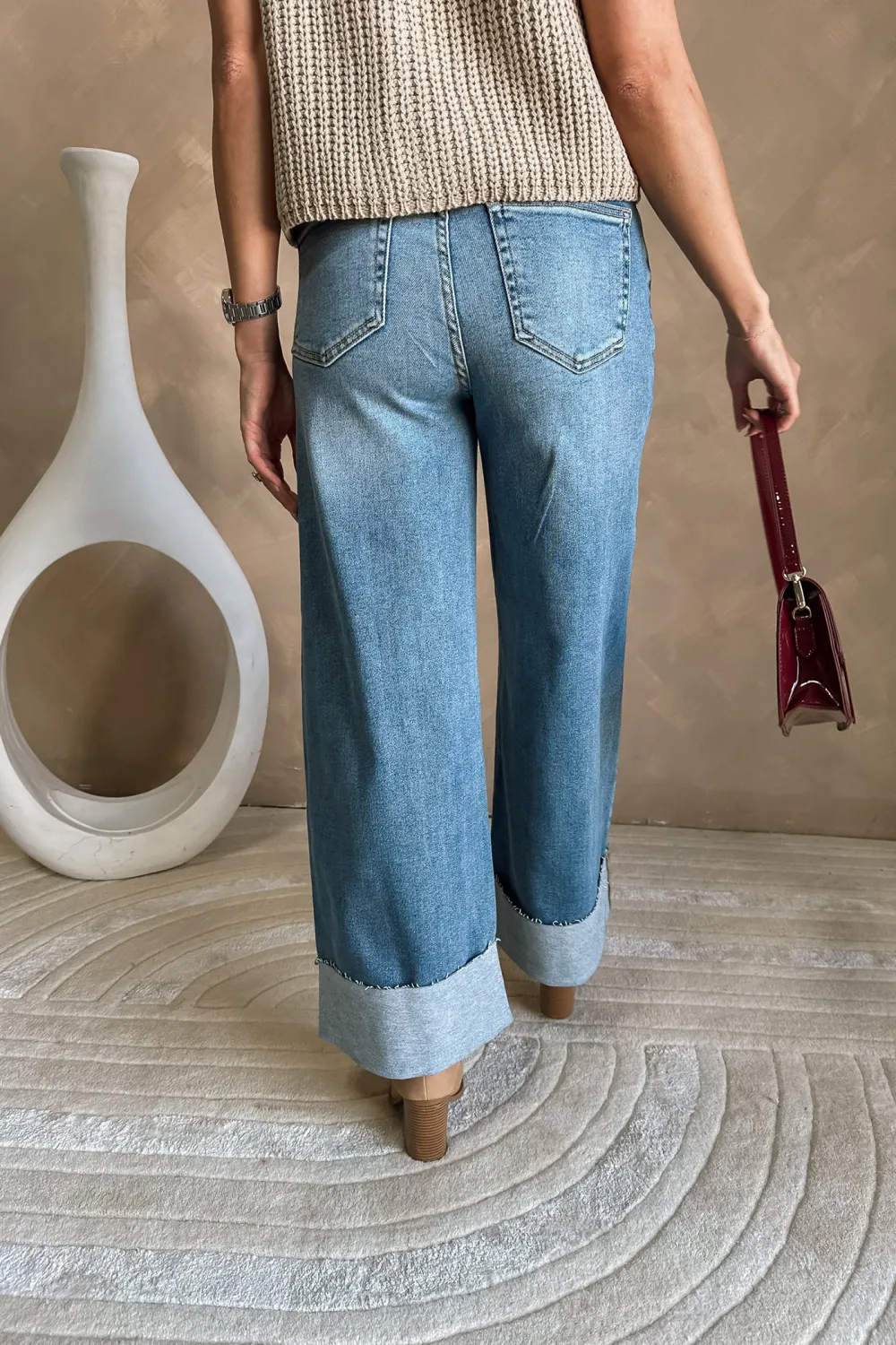 Folded Hem Jeans With Pockets