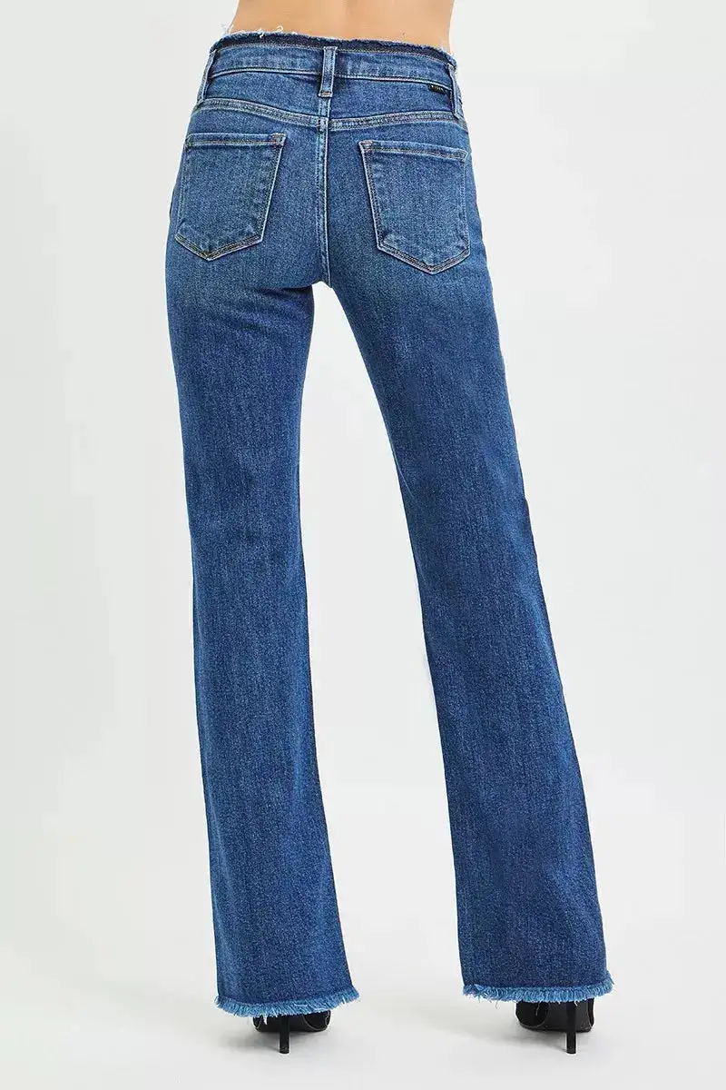 Mid Rise Bootcut Raw Hem Denim Jeans