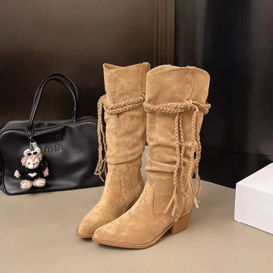 Ruffled Point Toe Block Heels Boots