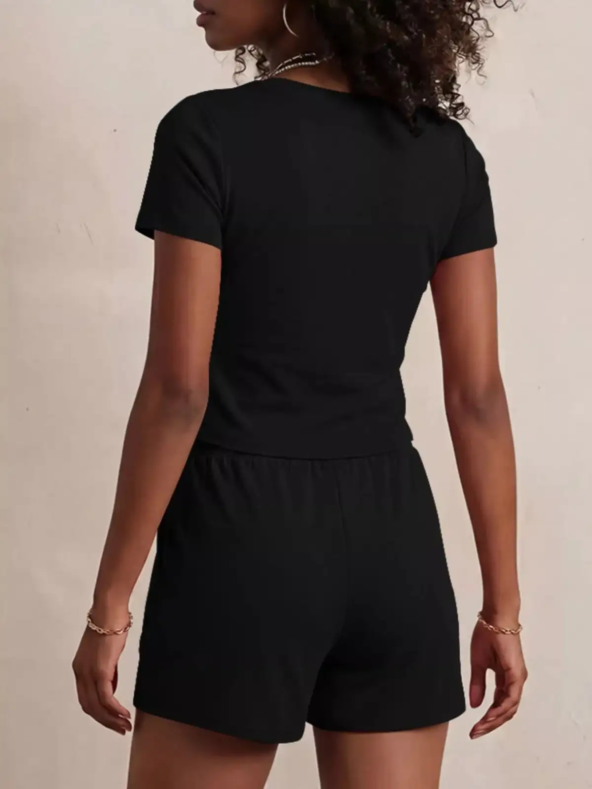 Drawstring Pocketed Tee and Shorts Matching Set