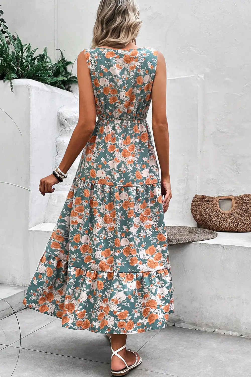 Maxi Floral Print Trimmed V Neck Tie Waist Sleeveless
