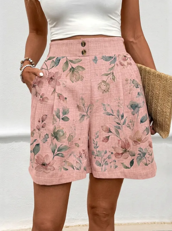 Women's Summer Casual Watercolor Floral Printed Linen Shorts