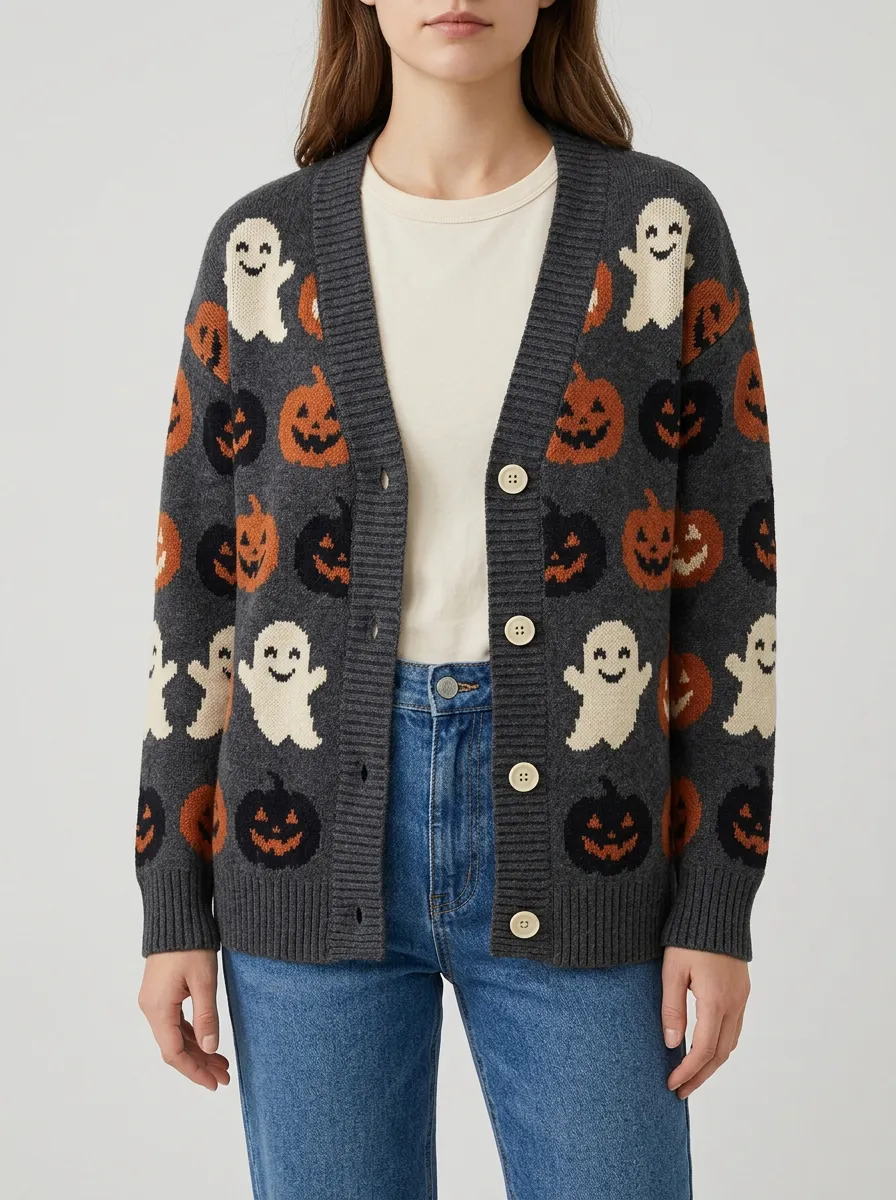 Women's Spooky Ghost Pumpkin Halloween Knit Cardigan