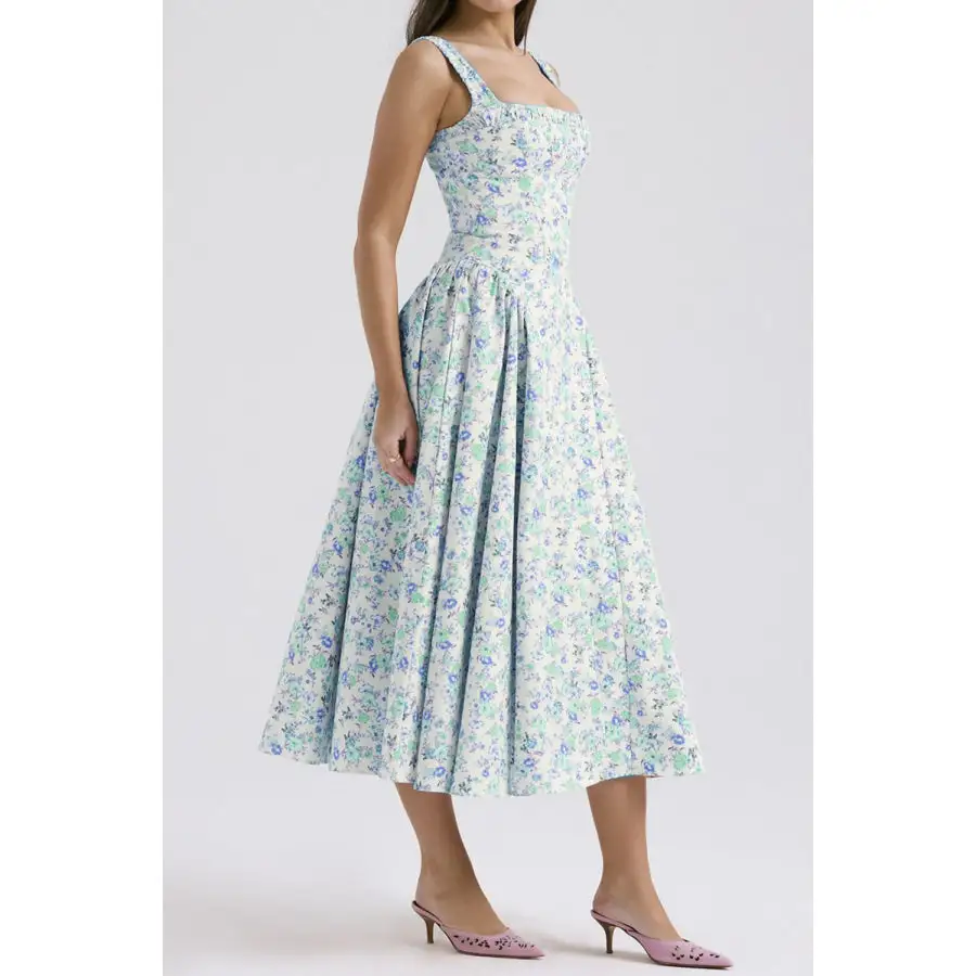 Wide Square Neck Wide Strap Midi Dress