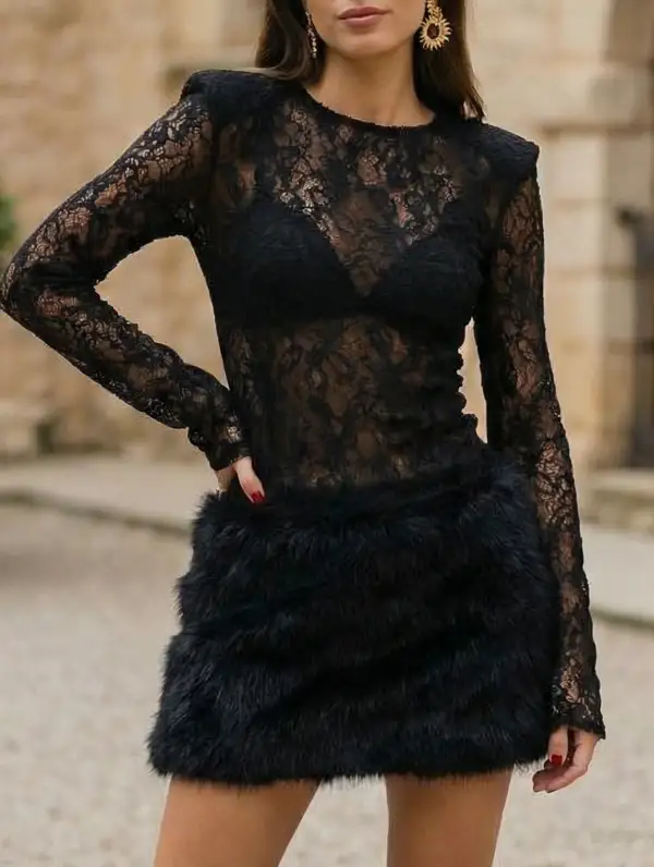 Lace Patchwork Fuzzy Bodycon Mini Dress