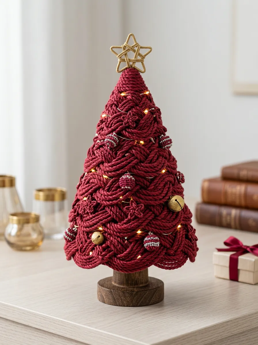 Red Macrame Woven LED Christmas Tabletop Tree