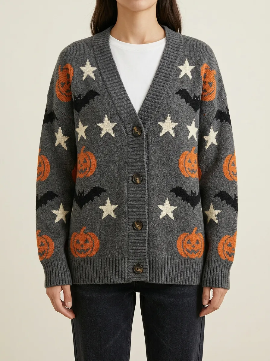 Women's Halloween Pumpkin Bat Star Pattern Knitted Cardigan