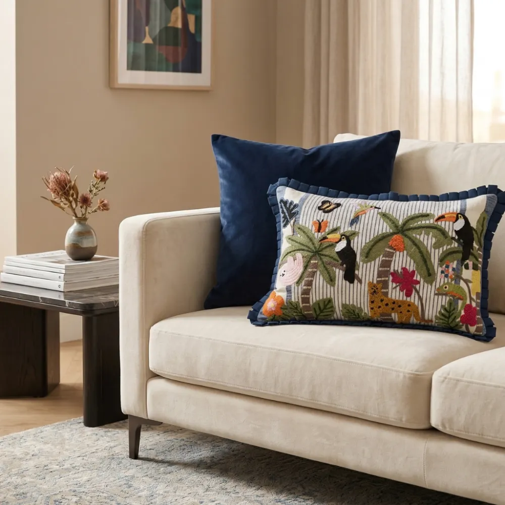 Artisan Hand Embroidered Botanical Animal Motif Cotton Decorative Cushion Cover