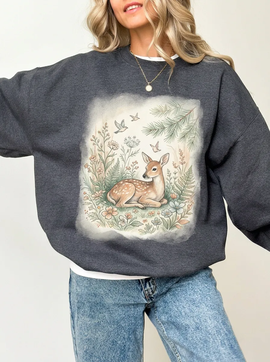Women's Nature Lover Woodland Fawn Floral Printed Sweatshirt