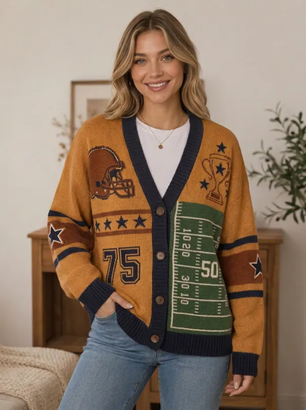 Women's Football Helmet Trophy Field Knit Knit Cardigan