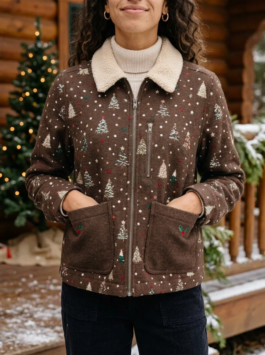 Christmas Tree Snowflakes Pattern Print Sherpa Collar Jacket