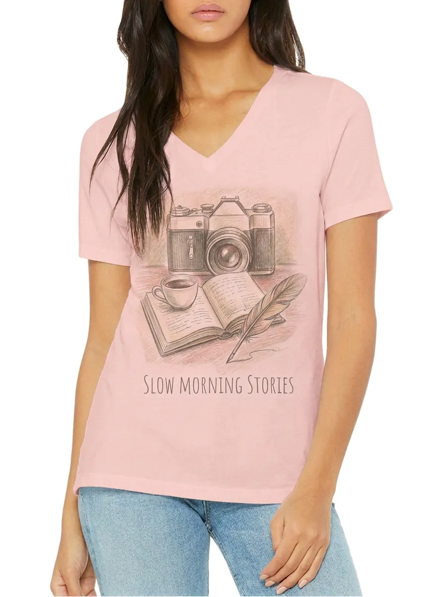 Women's Photography Writer Slow Morning Stories Printed V-neck T-shirt