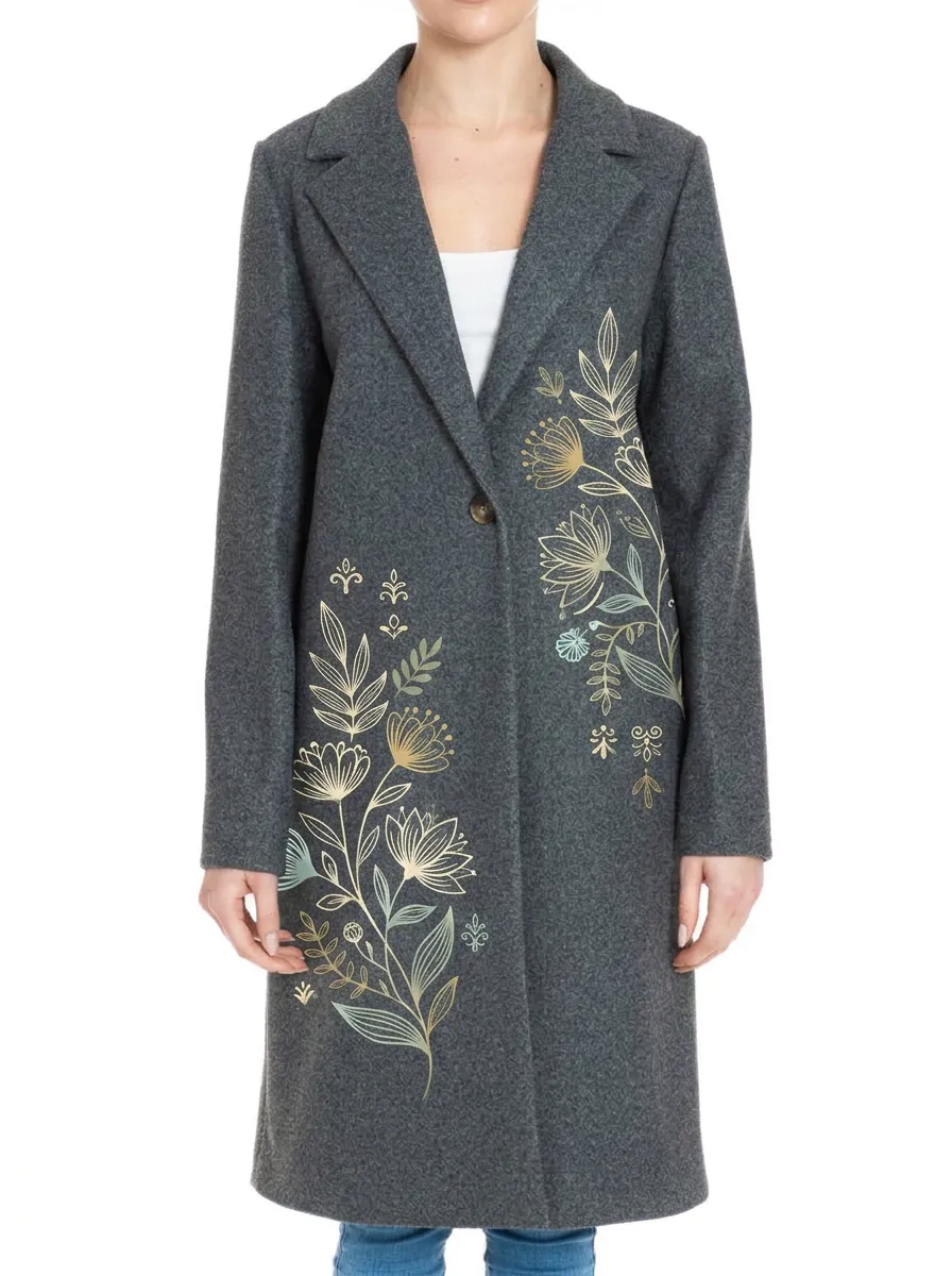 Women's Floral Lover Grey Woolen Printed Coat