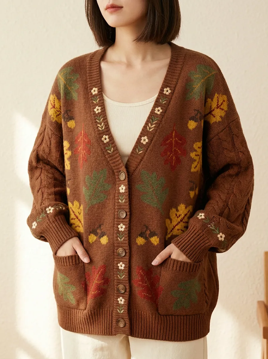 Leaves Acorn Floral Patterned Women's Knit Cardigan