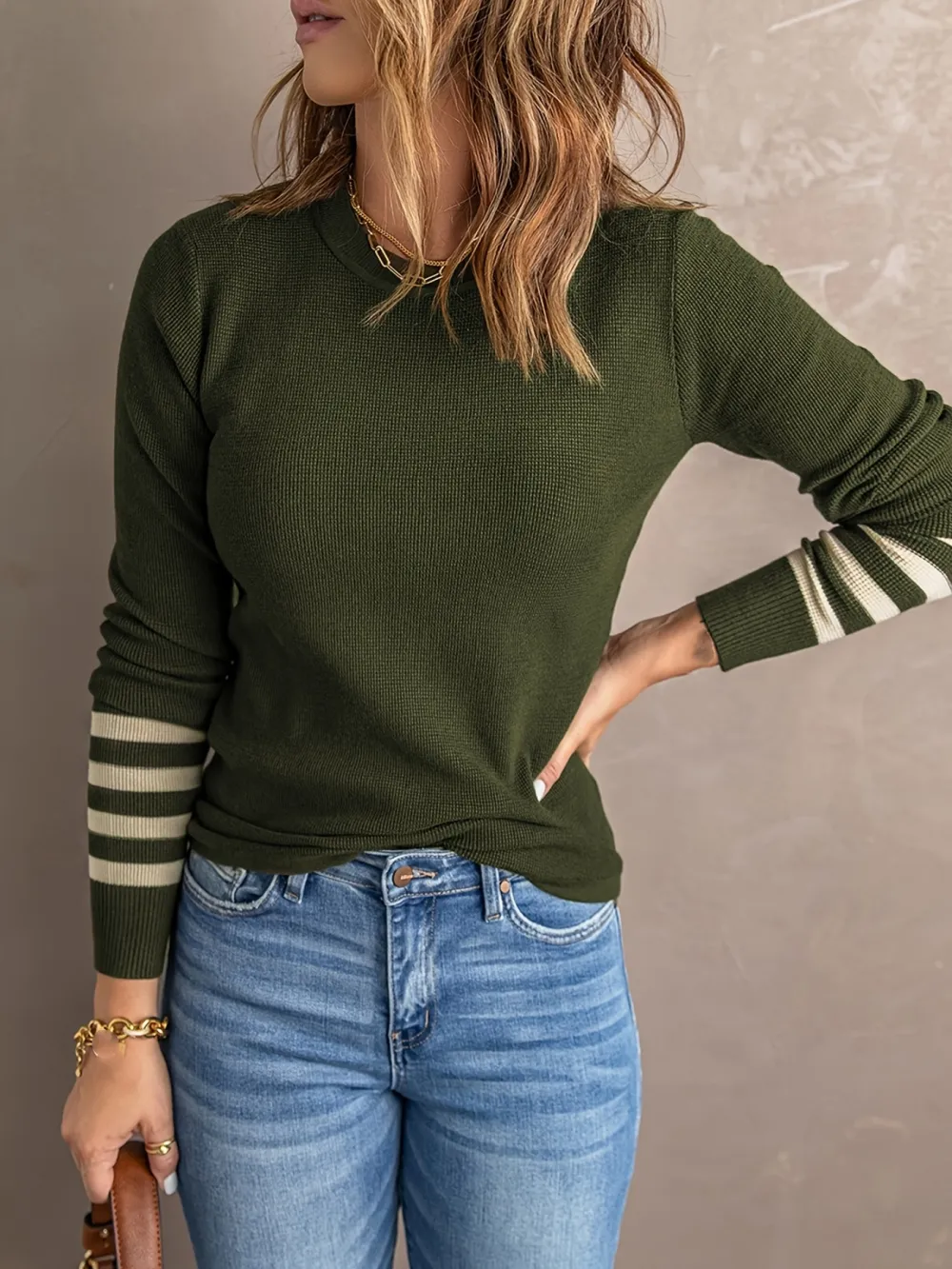 Sweater Striped Sleeve Plain Knit Sweater