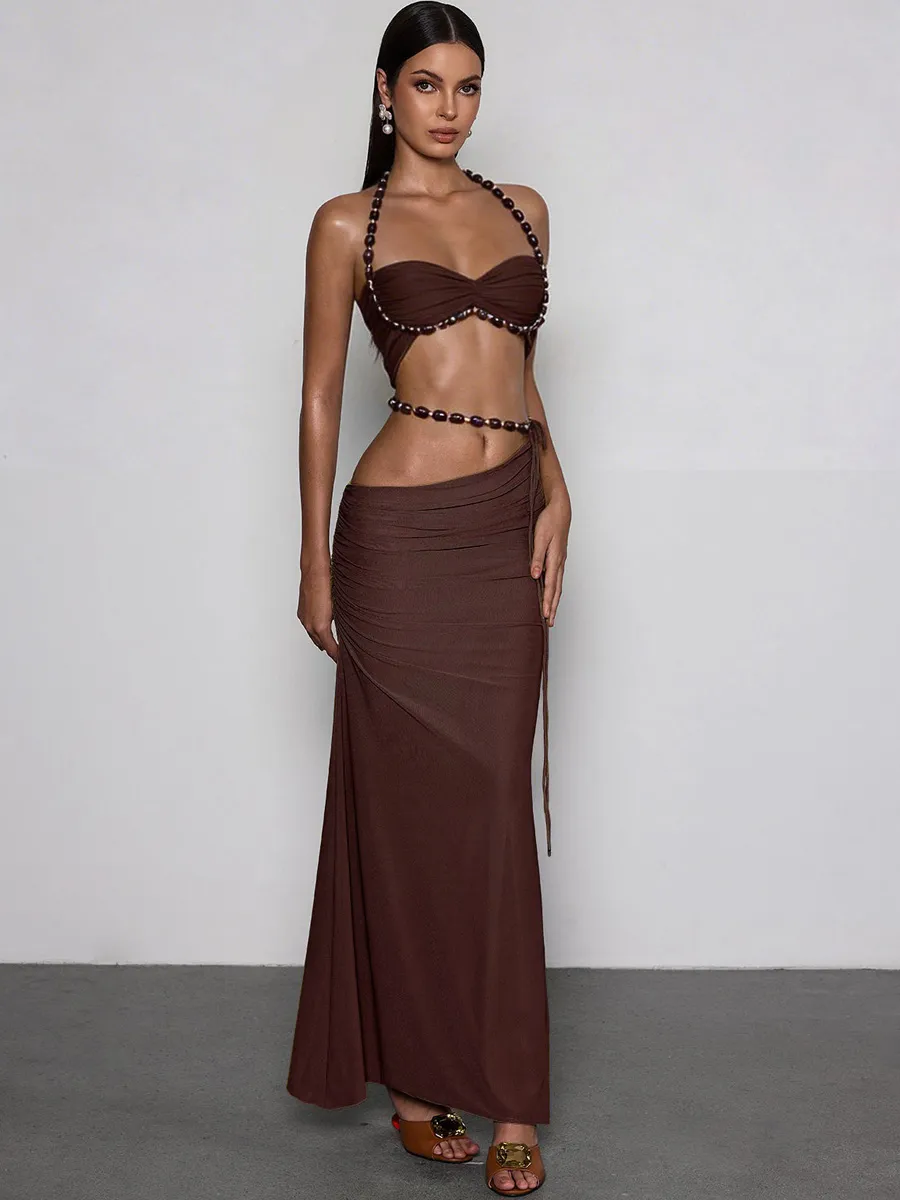 Zuri Halterneck Ruched Skirt Set In Coffee