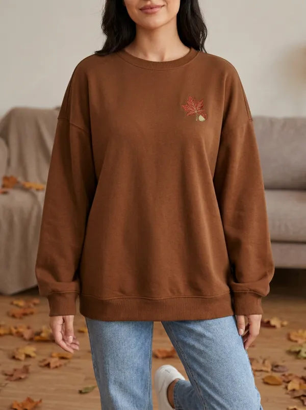 Layered Maple-Leaf Embroidered Acorn Graphic Sweatshirt