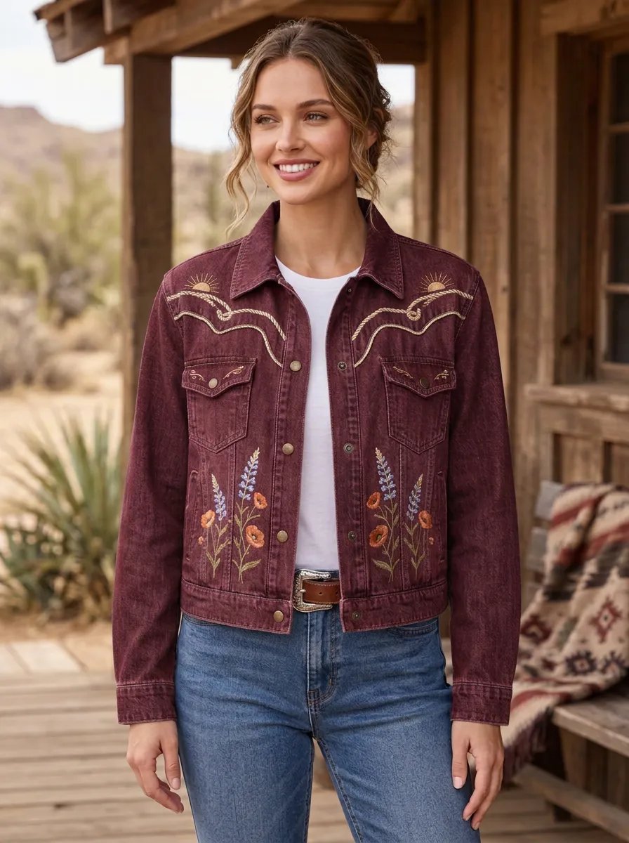 Women's Classic Western Cowgirl Sun Floral Embroidered Denim Jacket