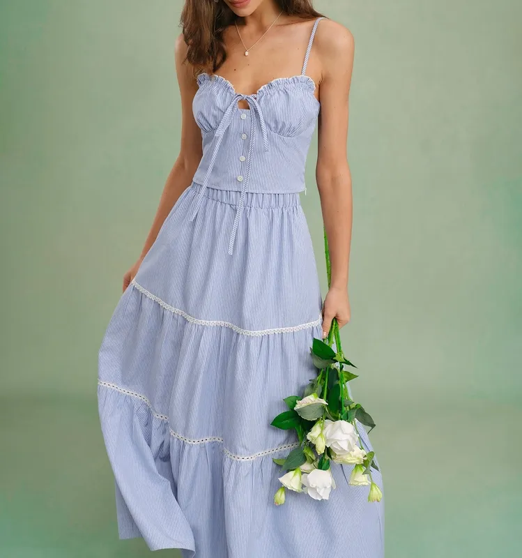 Blue Elastic Waist Midi Skirt