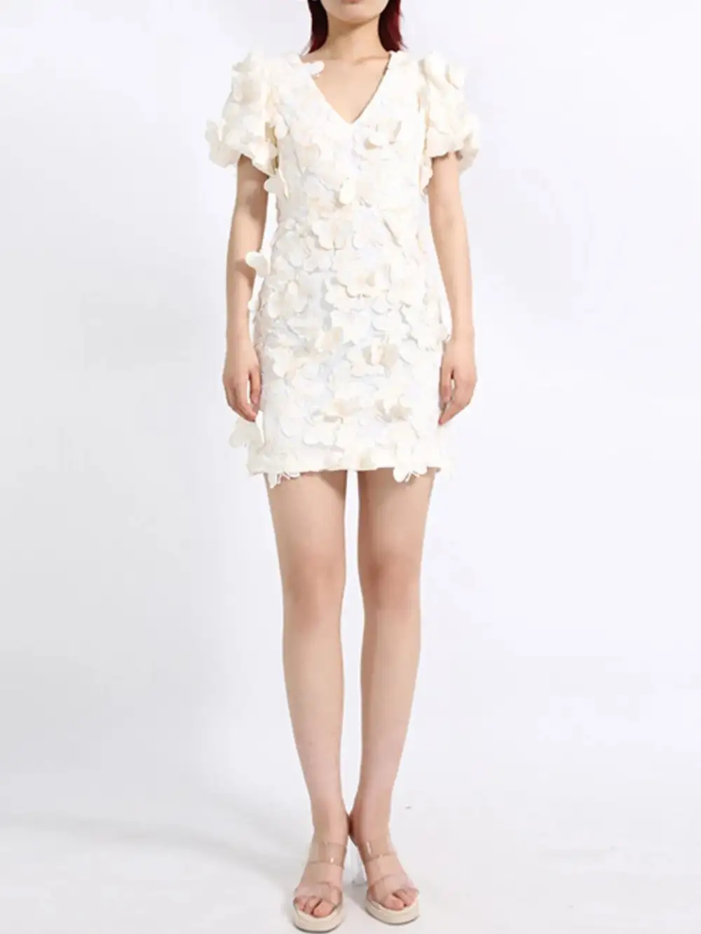 Butterfly Print V Neck Puff Sleeve Mini Dress