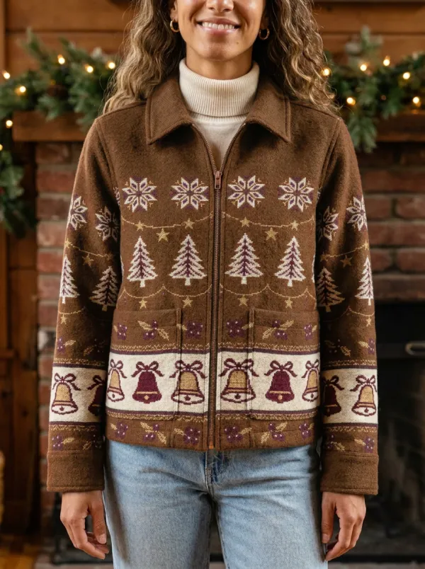 Christmas Tree Bell Pattern Print Zip-up Jacket
